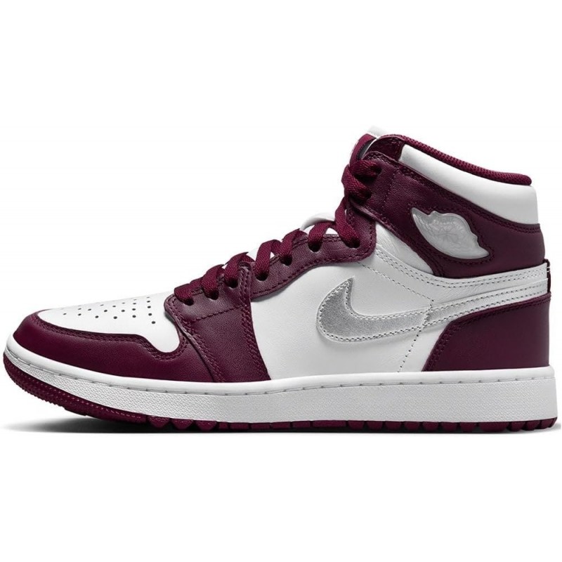 Chaussures de golf NIKE Air Jordan I High G pour homme (DQ0660-103, blanc/bordeaux/argent métallique)